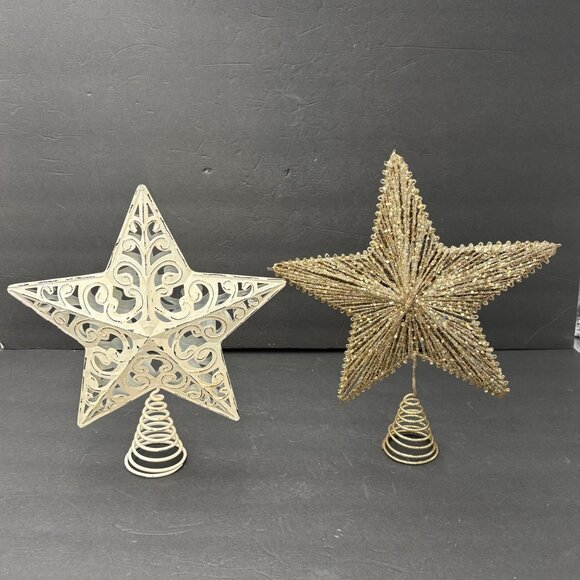 Christmas Tree Star Toppers Set Of 2 Elegant Gold Glitter White Metal Swirl Base - Picture 1 of 13